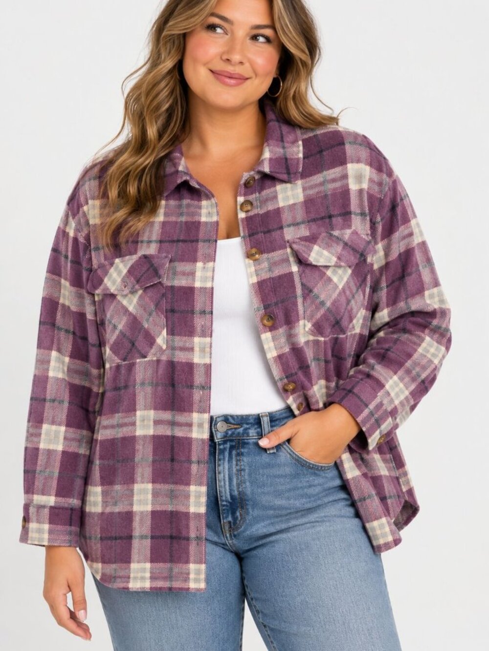 Hem & Thread Plaid Shacket Purple Cream Oversized Flannel Grunge Size L